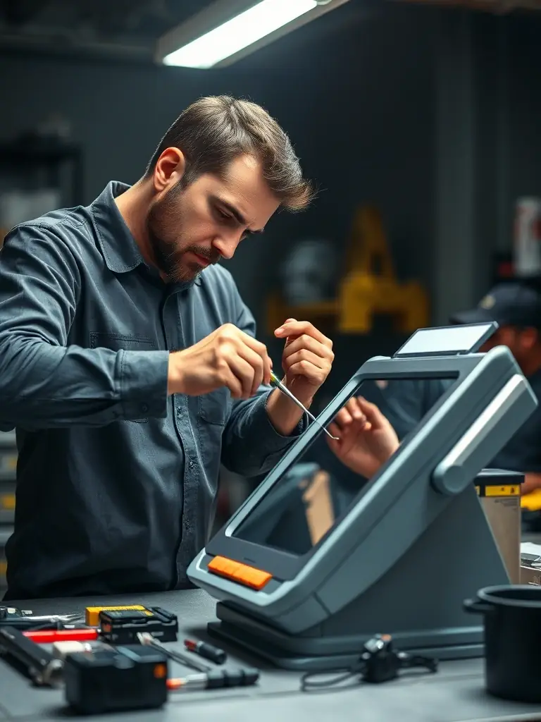 A technician meticulously performing maintenance on a POS terminal, ensuring all components are clean and functioning correctly.