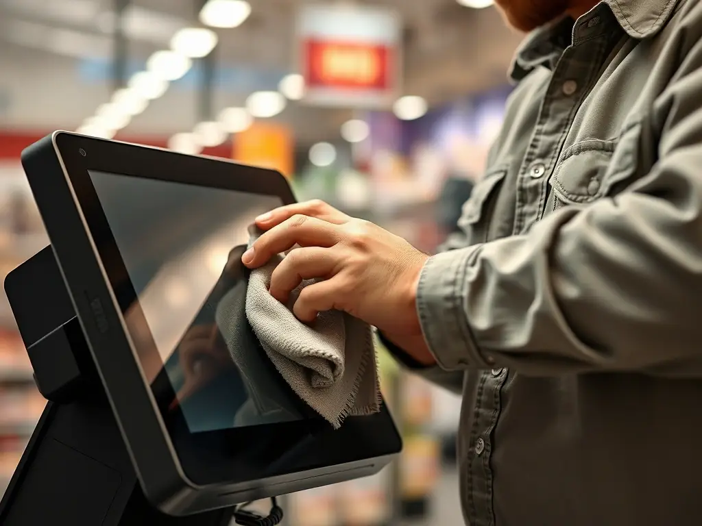 A technician performing maintenance on a POS terminal, cleaning the screen and checking hardware connections.