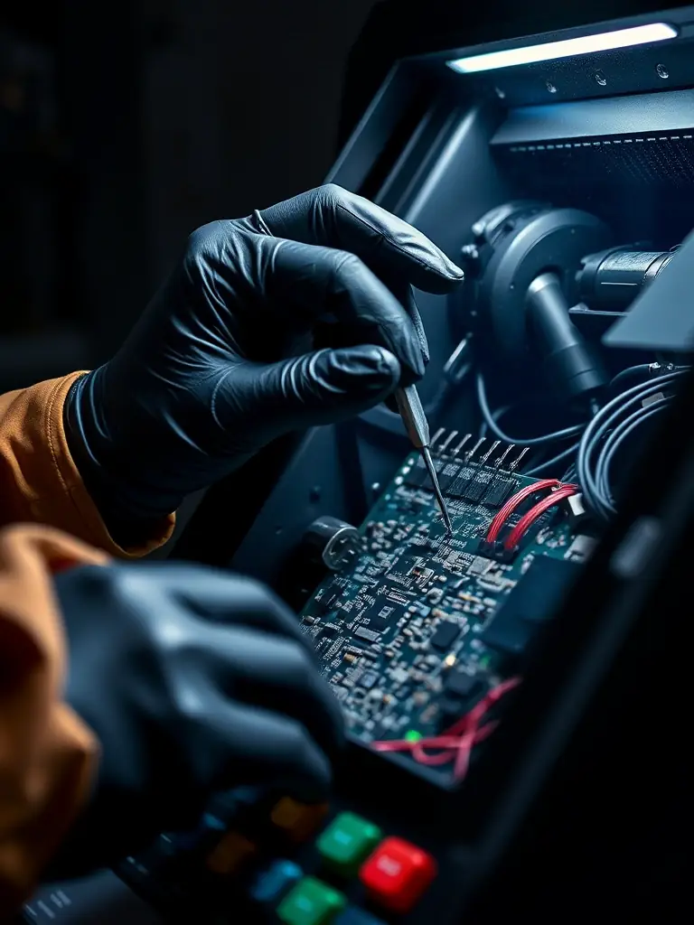 A close-up shot of a technician's hands carefully repairing a component of a POS system, highlighting precision and expertise.