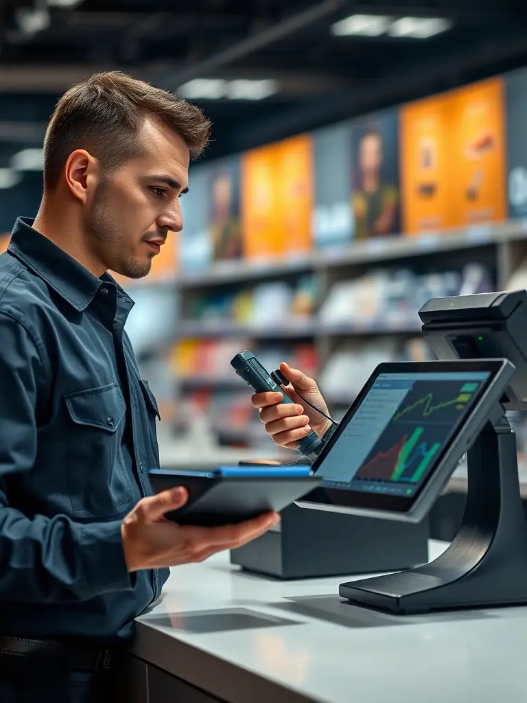 A technician troubleshooting a POS system on-site, using diagnostic tools to identify and resolve hardware or software issues.