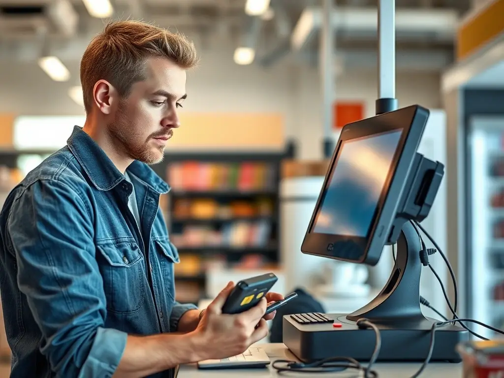 A technician troubleshooting a POS system, using diagnostic tools to identify and resolve a software issue.