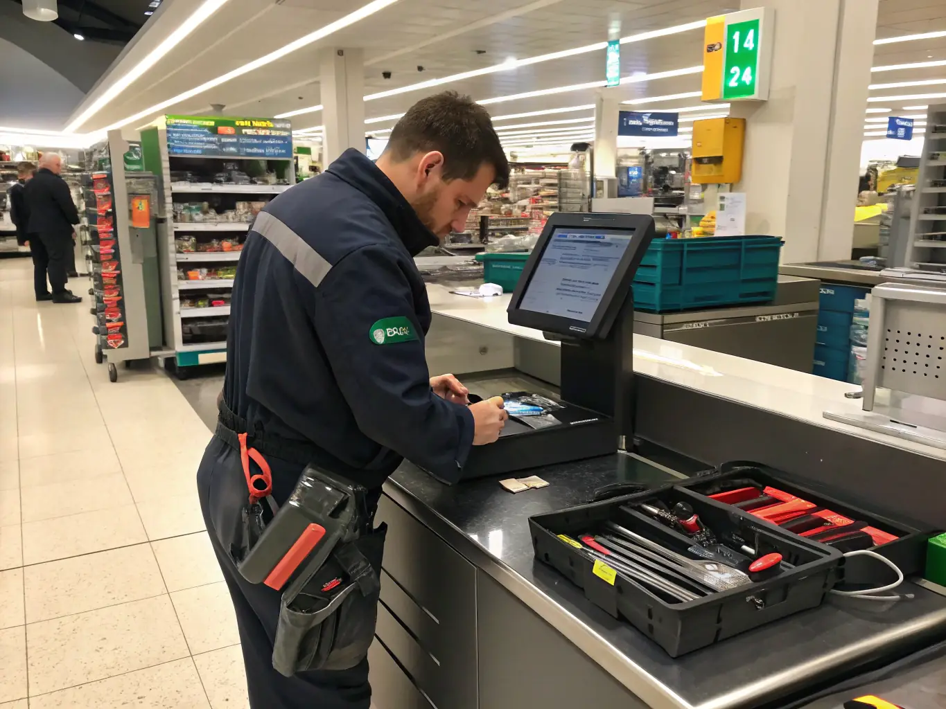 A technician installing a POS system in a retail environment, focusing on the careful setup and connection of hardware components.
