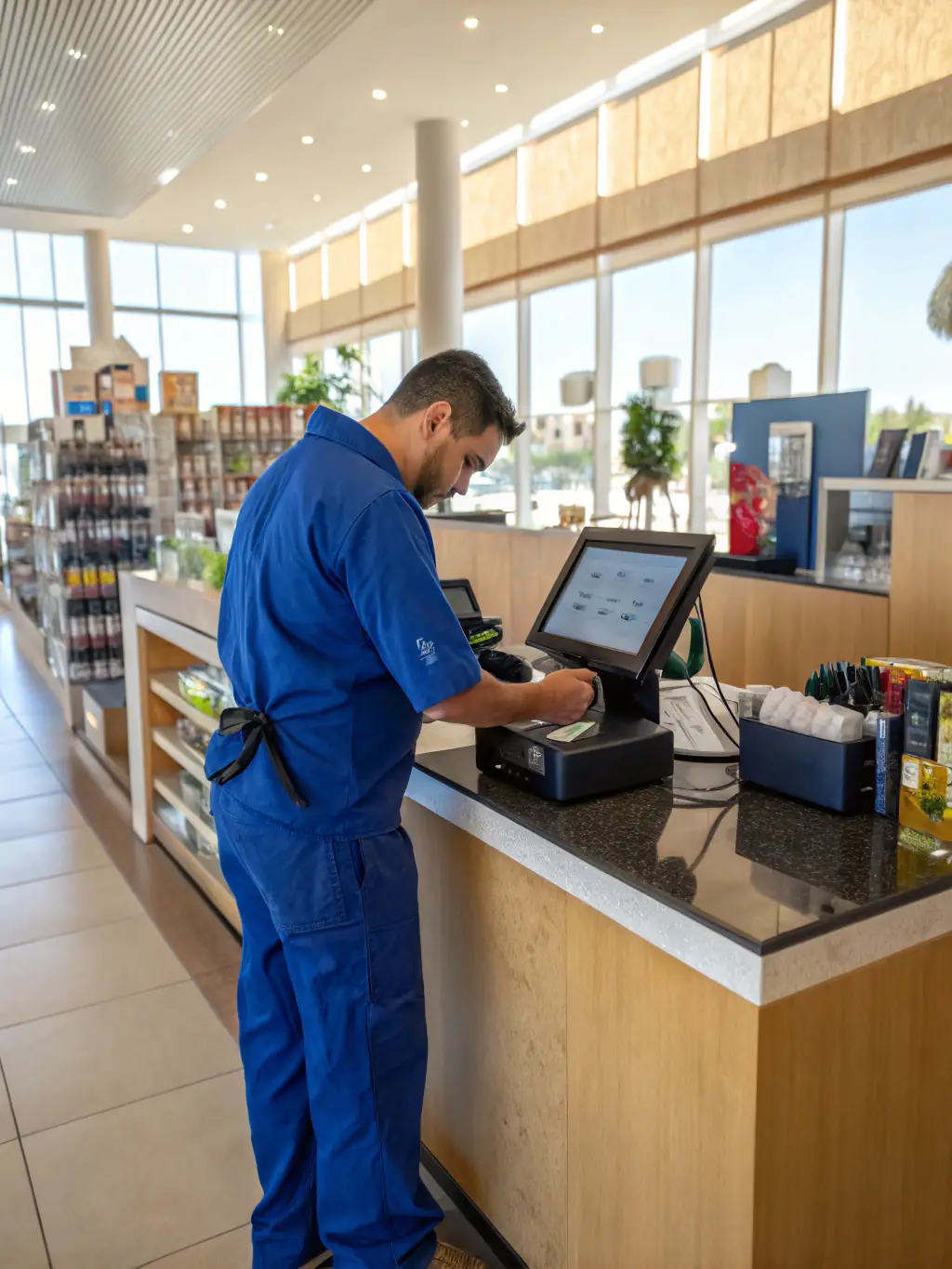 A technician expertly installing a new POS system in a modern retail store, ensuring seamless integration and optimal performance.